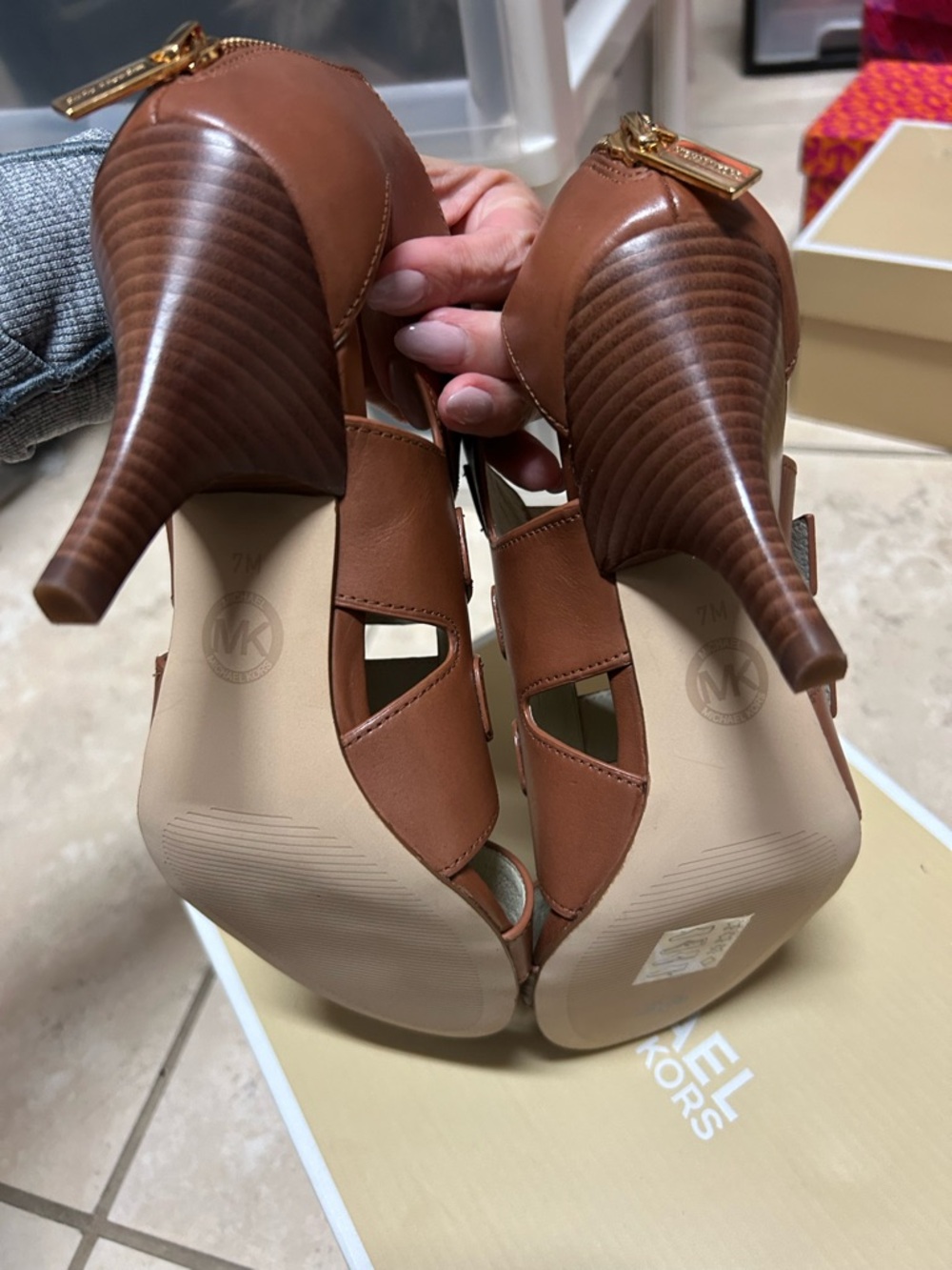 Michael Kors Brown Leather Multi-Strap Heeled Sandals with Gold Buckles - Picture 4 of 4
